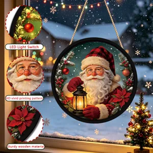 Christmas round hanging wooden sign with LED light and vivid Santa print for window decor.