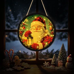 Christmas LED hanging sign light, festive window decor, glowing Santa Claus round ornament.