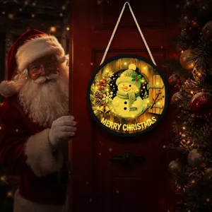 Christmas LED hanging sign round wooden plaque glowing snowman door decoration holiday gift