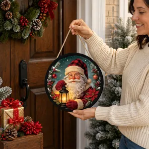 Round Christmas hanging plaque with Santa Claus pattern, holiday decor sign for home door.