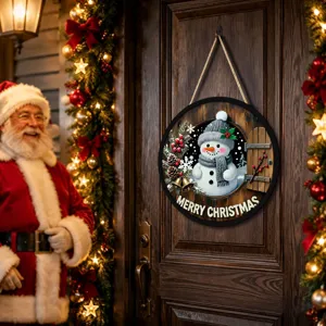 Christmas wooden hanging sign with cute snowman and lights, perfect holiday door decoration.