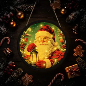 Close-up detail of Christmas LED lighted hanging sign featuring Santa Claus design with warm glow.