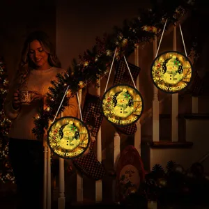 Christmas LED glowing hanging sign wooden snowman decoration for holiday window display.