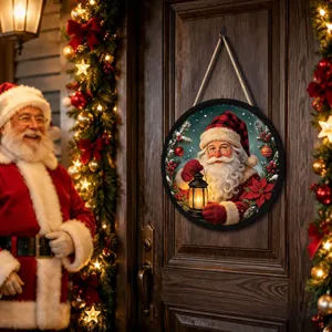 Christmas hanging sign detail featuring Santa Claus holding lantern, perfect for holiday decor.