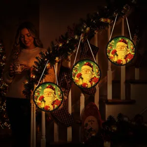 Christmas lighted hanging sign LED glowing wooden plaque holiday window decor pendant props