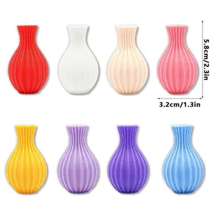 Detailed view showing 8 colorful 3D printed mini magnetic vase fridge stickers, 5.8cm height.