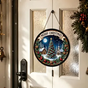 Christmas round wooden hanging sign with vintage winter village illustration for door decor.