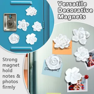 3D white flower decorative magnets for fridge, strong magnetic hold for notes and photos.
