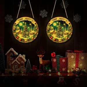 Christmas LED hanging sign light up glowing winter village scene holiday decor wall ornament detail