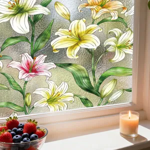 Película decorativa para ventanas con lirios coloridos, adhesivo de vidrio estático para el hogar.