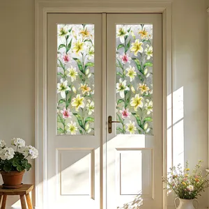 Película decorativa para vidrio con diseño de lirios coloridos para puertas y ventanas.
