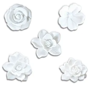 Detail view of white 3D floral fridge magnets showing various exquisite flower designs.