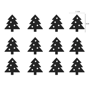 Nahaufnahme Detail von 12 schwarzen Acryl Weihnachtsbaum Wandaufklebern mit Abmessungen.