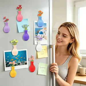 3D printed magnetic vase fridge magnet with colorful mini flowers for cute kitchen home decor.