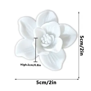 White 3D flower fridge magnet detail view showing dimensions, creative decorative magnetic item.