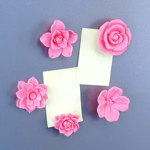 Cute 3D pink floral fridge magnets, creative magnetic flower memo holders for home decor.
