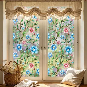 Película adhesiva estática decorativa para ventanas con diseño floral y efecto de agua.