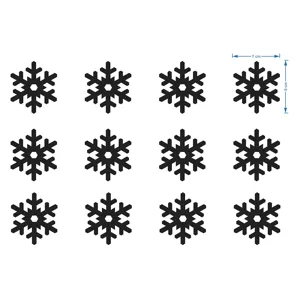 Detailansicht der schwarzen Acryl-Schneeflocken-Wandtattoos mit exakten Maßen und 12er-Set.