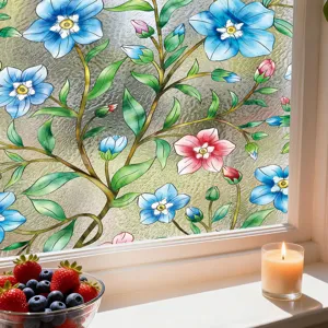 Lámina de vidrio con patrón floral, adhesivo estático para decoración del hogar.