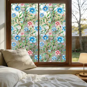 Detalle de película para ventana floral, pegatina de vidrio de color, película de privacidad.