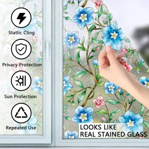 Película decorativa para ventana de vidriera con motivo floral, estática y privacidad.
