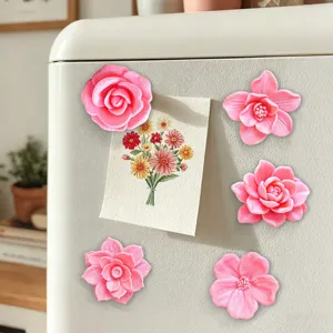 3D printed flower fridge magnets, cute pink magnetic stickers for refrigerator decoration.