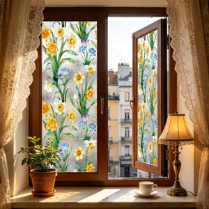Vista detallada de la película para ventanas con motivo floral colorido y elegante.