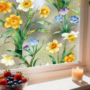 Película decorativa para ventanas de vidrio con narcisos coloridos y flores.