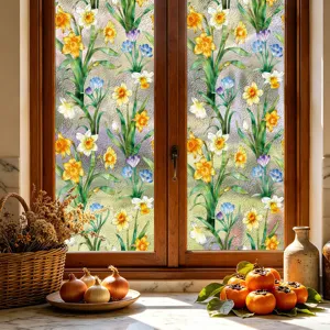 Pelicula de ventana de flores coloridas con textura de agua, adhesivo de vidrio botanico hogar.