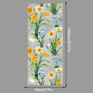 Detalle de película para ventanas con patrón de narcisos y textura de ondas de agua.