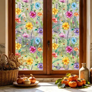 Película de vidrio para ventana floral colorida adhesivo de privacidad estático hogar.