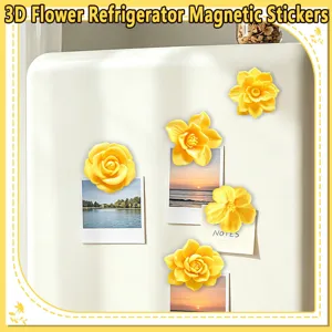 Close-up detail of 3D yellow flower magnetic stickers on white refrigerator surface with photo decor.
