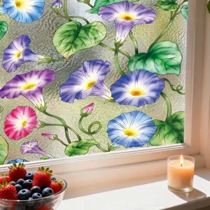 Película decorativa para ventanas con flores de campanilla coloridas y vidrio texturizado.