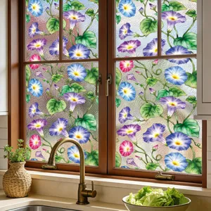 Pelicula decorativa para ventanas con motivos florales de campanillas de colores para privacidad.