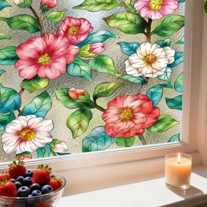 Película para ventana colorida con diseño floral, adhesivo estático para privacidad.