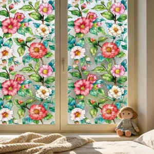 Pelicula para ventana de camelia colorida adhesivo de vidrio decorativo estatico privacidad