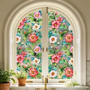 Vinilo para ventana con diseño floral estático, pegatina decorativa de vidrio colorido.
