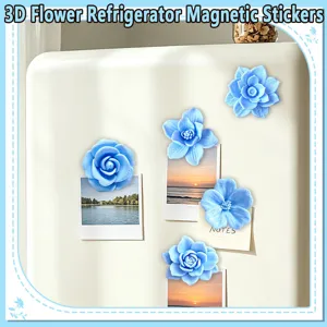 3D blue flower refrigerator magnet detail, decorative floral fridge sticker and memo holder.