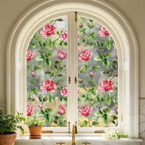 Película decorativa para ventanas con diseño de rosas rosa adhesivo electrostático cristal.