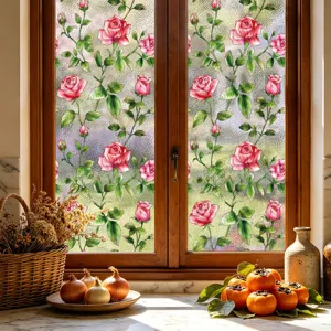 Película decorativa para ventana de rosas adhesivo estático para privacidad y cocina.