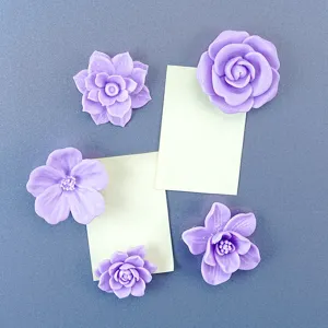 3D printed purple flower fridge magnets, cute floral magnetic stickers for home kitchen decor.