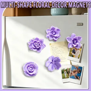 3D floral fridge magnets set, multi-shape purple flower magnetic stickers for home kitchen decor.