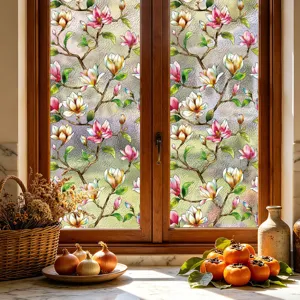 Película decorativa para ventana de magnolia adhesivo cristal privacidad, diseño floral.