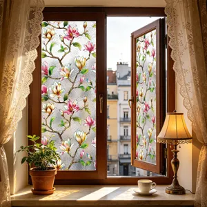 Película para ventana estática floral decorativa con patrón de magnolia colorida para privacidad.