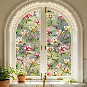 Película decorativa para ventanas con patrón de flores de magnolia coloridas y privacidad.