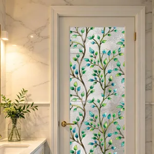Pelicula estatica decorativa para ventana con patron de hojas verdes, adhesivo de vidrio puerta.