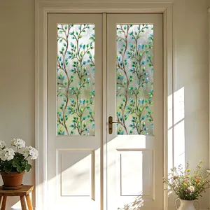 Película decorativa para ventana adhesivo de vidrio con patrón de hojas verdes para puerta hogar.