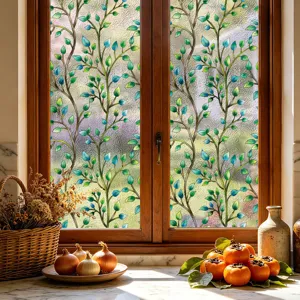 Película decorativa para ventanas con diseño de plantas coloridas para el hogar y la oficina.