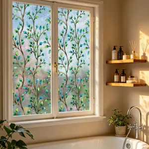 Película para ventana estática con patrón de hojas de colores, adhesivo de vidrio.