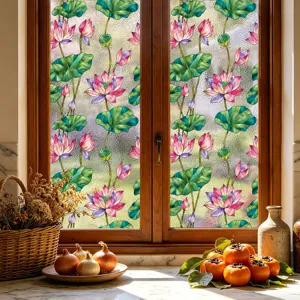 Detalle de película para ventana con loto, adhesivo de cristal colorido para privacidad.